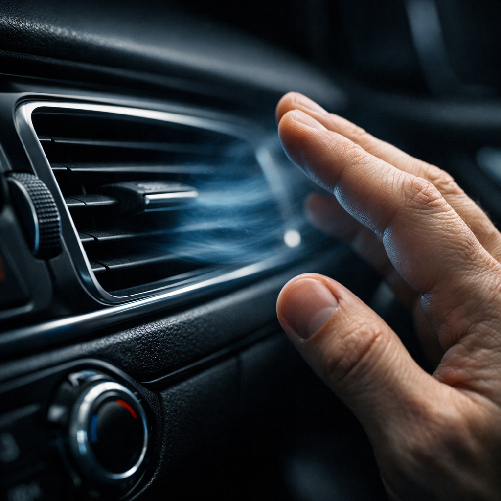 Car AC vent blowing warm air while stopped at a red light in Ladson, South Carolina — common AC problem during hot Lowcountry summers