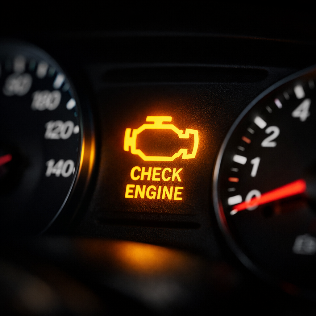 Luz amarilla del check engine iluminada en el panel de instrumentos de un carro en Ladson, SC