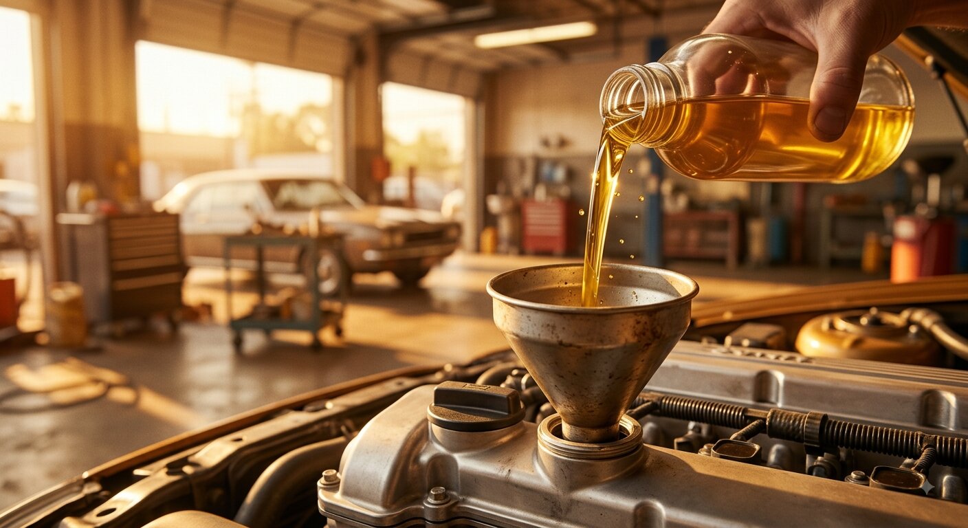 Mechanic checking motor oil level with a dipstick during a service
