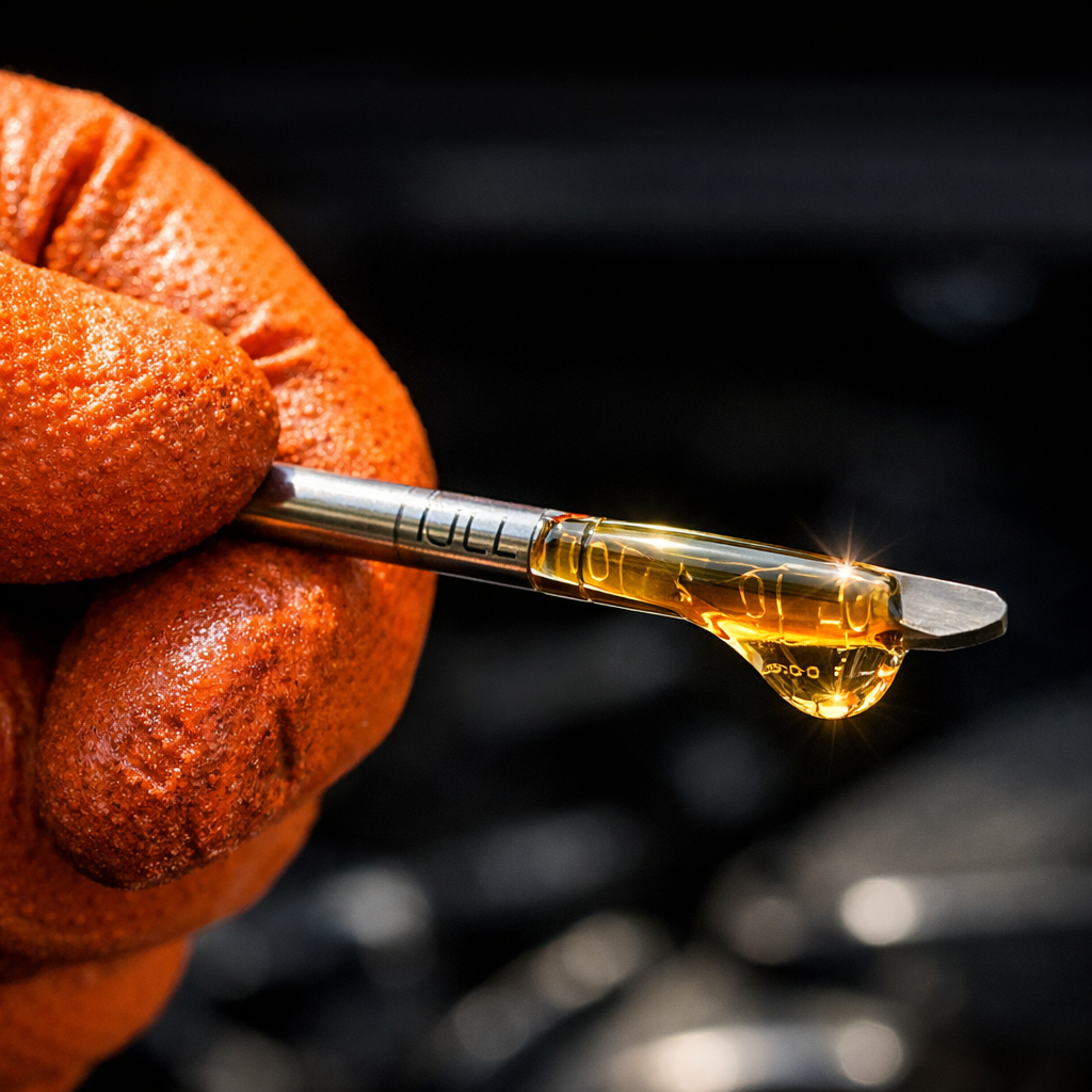 Mechanic checking clean synthetic motor oil on dipstick during a summer oil change in Ladson, South Carolina — demonstrating correct oil viscosity for hot weather