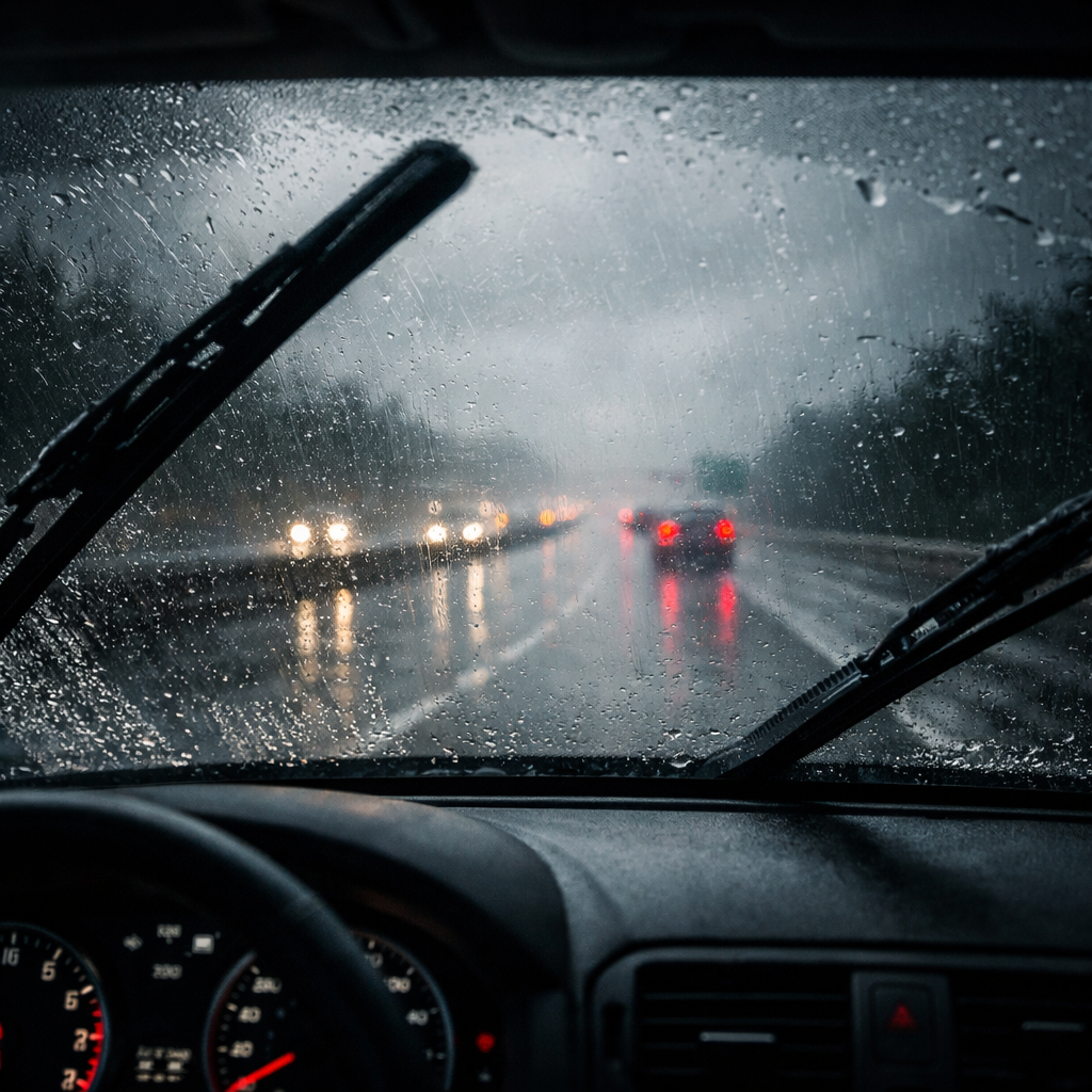 Heavy spring thunderstorm rain flooding a South Carolina highway near Ladson — illustrating why car storm preparation is critical for Lowcountry drivers